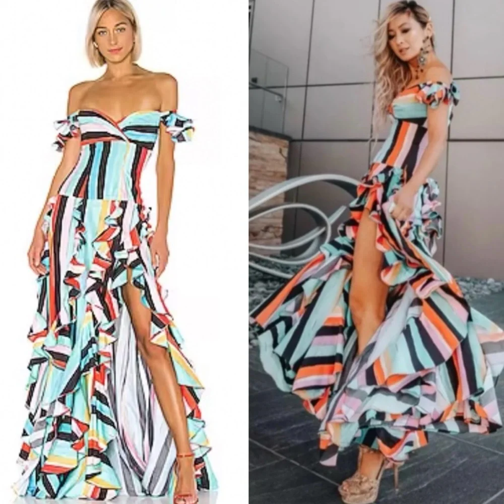 Caroline Constas Ruffle Rainbow Stripe Gown Maxi Dress in Black Multi - Picture 1 of 9